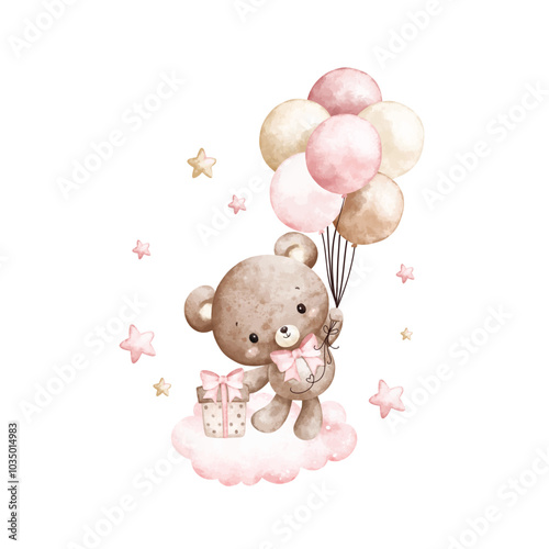 Watercolor Illustration Baby Teddy Bears and Blue Balloons on Cloud