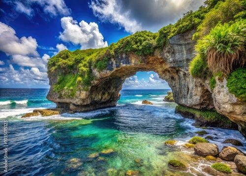Talava Arch presents an awe-inspiring view, highlighting the stunning coastal scenery of Niue Island, surrounded by the tranquil, azure waters of the Pacific Ocean.
