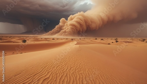 A desolate desert landscape under a fierce sandstorm, with swirling grains of sand obscuring visibility, creating an otherworldly feel, Generative AI photo