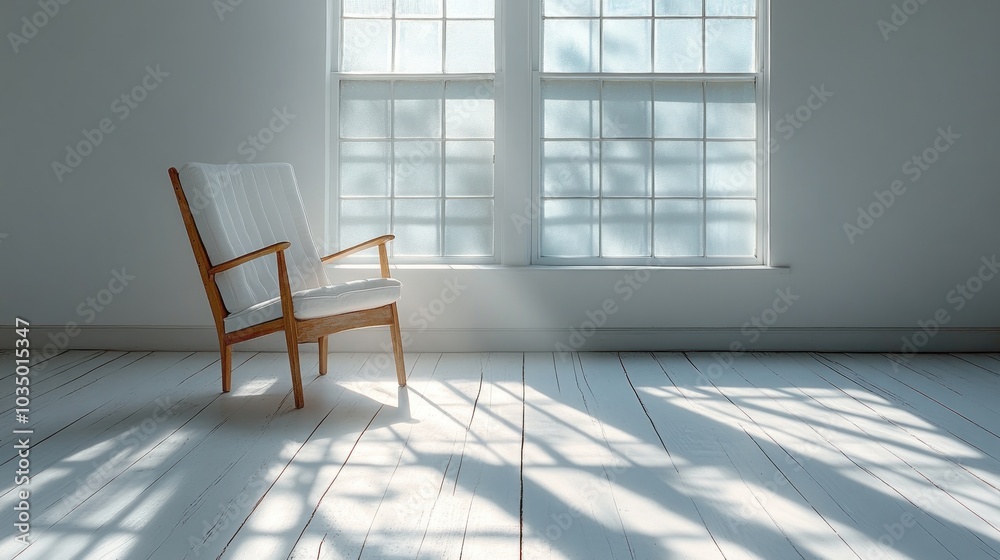 A minimalist room with a chair and sunlight casting shadows. A minimalist room with a chair and sunlight casting shadows.