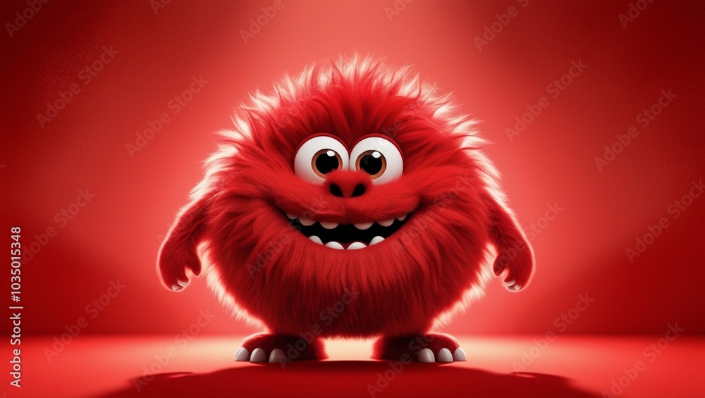 Obraz premium Happy red furry monster isolated on red background