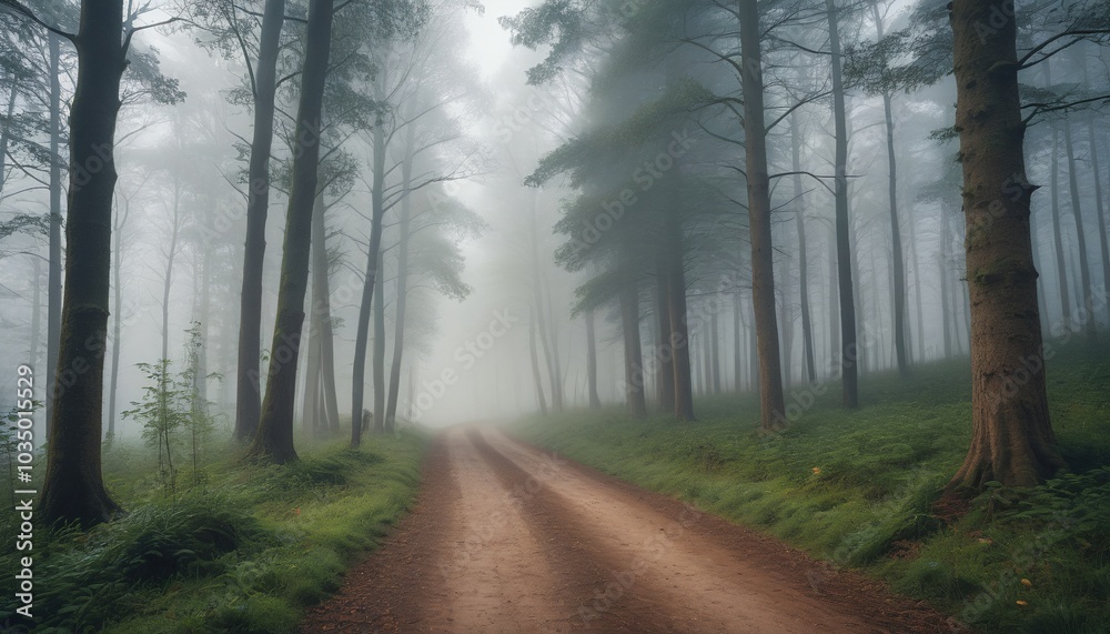Fototapeta premium A forest path engulfed in mist, with trees fading into the distance and a sense of mystery hanging in the air, emphasizing the unpredictable nature of weather, Generative AI