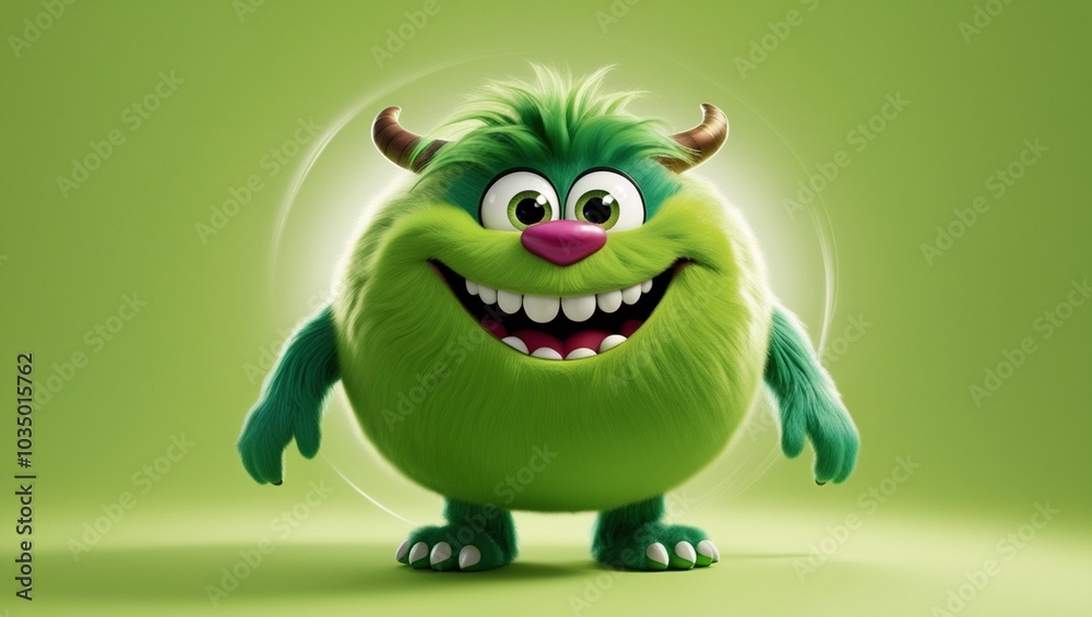 Fototapeta premium A happy green furry monster isolated on green background