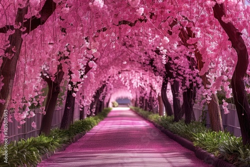 Pink blossom trees create a magical tunnel path.