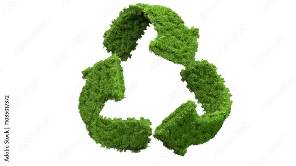 Recycle symbol mark as deep green fluffy moss, 3d modeling procedural geometric mossy objects and materials on white background. Recycle symbol mark as deep green fluffy moss, 3d modeling procedural geometric mossy objects and materials on white background.