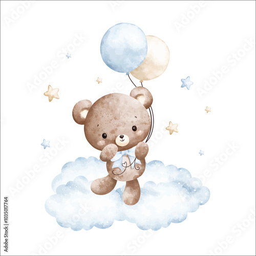 Watercolor Illustration Baby Teddy Bears and Blue Balloons on Cloud