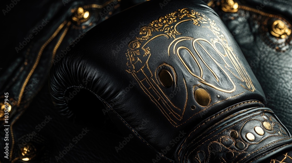 A premium boxing glove with black leather and gold accents, symbolizing power, elegance, and high-class performance A premium boxing glove with black leather and gold accents, symbolizing power, elegance, and high-class performance