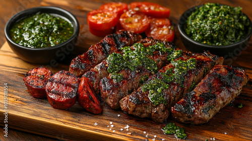 Argentinian asado with grilled meats, chorizo, and chimichurri sauce, served on a wooden board
