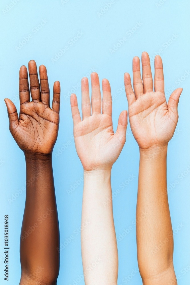 Diverse hands raised against a blue background, symbolizing unity and inclusivity. Diverse hands raised against a blue background, symbolizing unity and inclusivity.