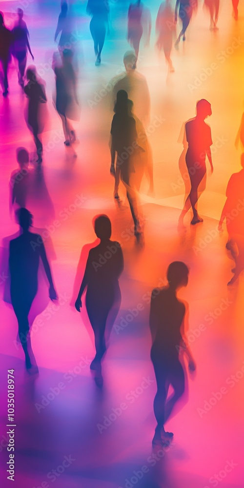 Abstract Silhouettes of People Walking in Vibrant Colorful Light Abstract Silhouettes of People Walking in Vibrant Colorful Light