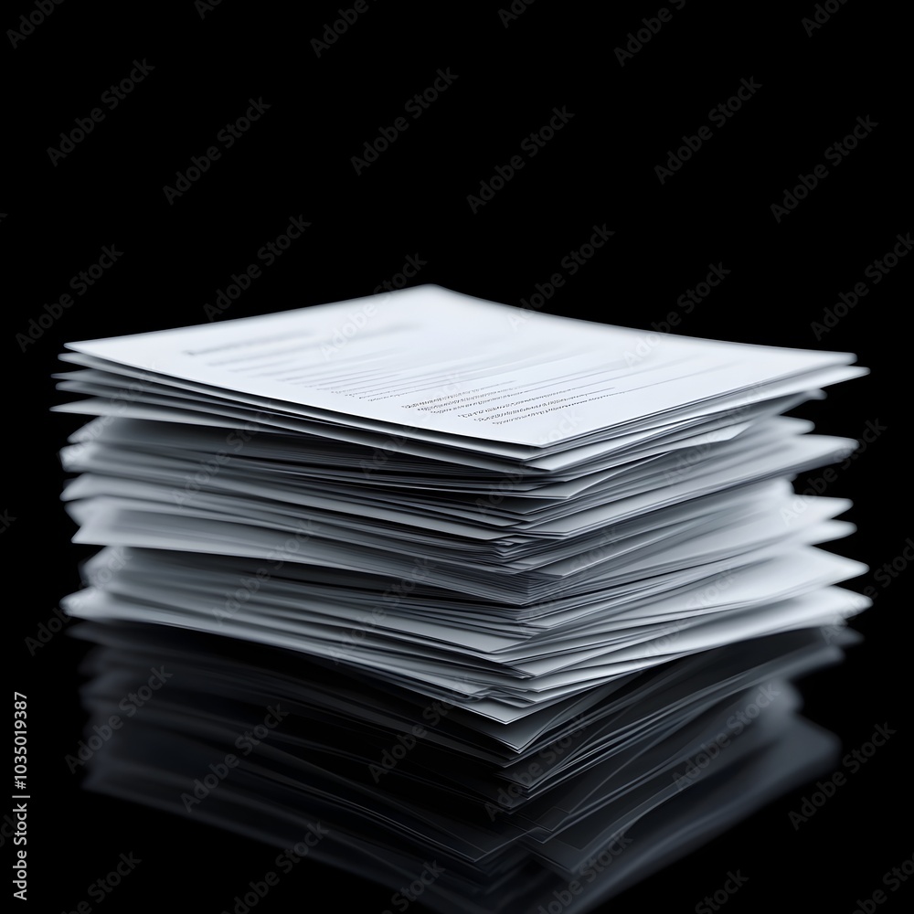 Minimalist 3D Stack of Resumes with High Contrast on Black Background Minimalist 3D Stack of Resumes with High Contrast on Black Background