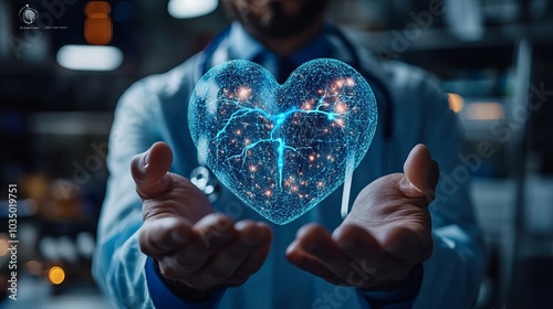 A doctor in a lab coat holds a glowing digital heart hologram, symbolizing advanced healthcare technology and innovation in medical fields and professions.