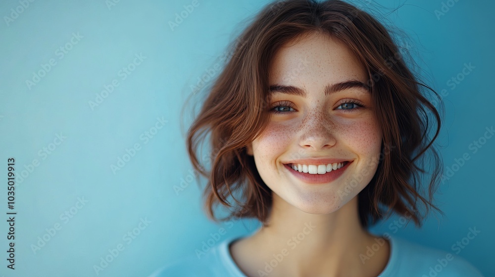 A joyful young woman with freckles beams a bright, genuine smile against a light blue background, capturing freshness and warmth with her short wavy hair and friendly demeanor. A joyful young woman with freckles beams a bright, genuine smile against a light blue background, capturing freshness and warmth with her short wavy hair and friendly demeanor.