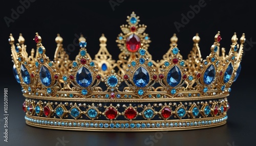 An ornate crown set with sparkling jewels, laid on a dark surface, representing sovereignty and power, Generative AI photo