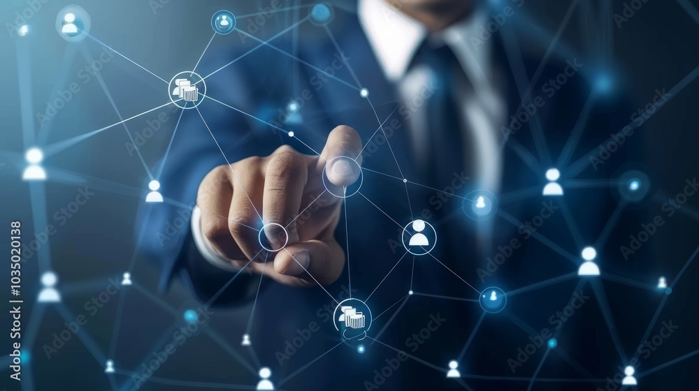 An image of a businessman accessing remote therapy services through a digital network interface. An image of a businessman accessing remote therapy services through a digital network interface.