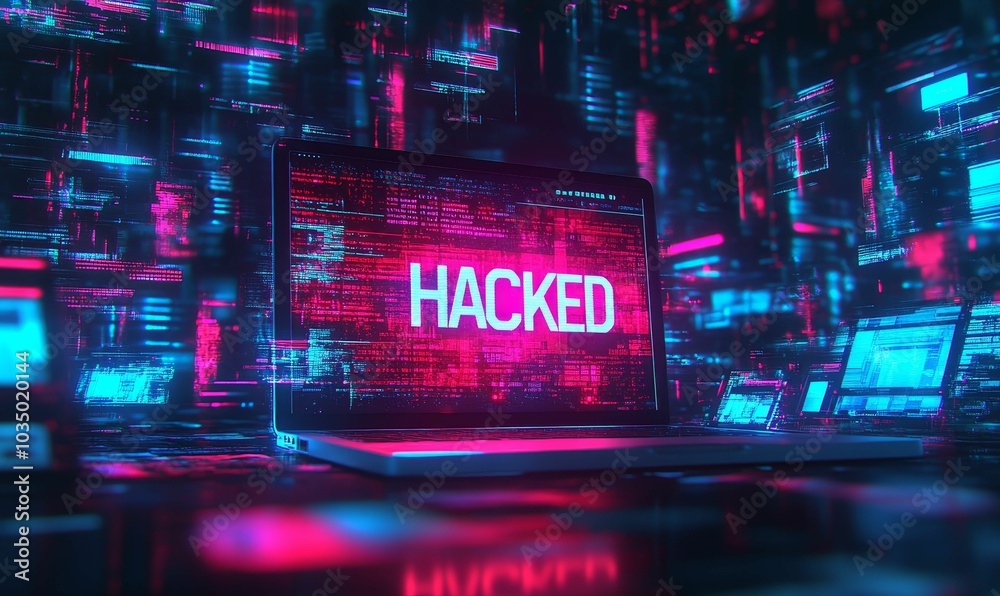 Hacked laptop with neon blue and red lights. Hacked laptop with neon blue and red lights.