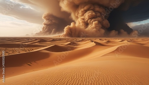 An expansive desert landscape engulfed in a fierce sandstorm, with swirling sand obscuring visibility and creating a sense of chaos and disorientation, Generative AI