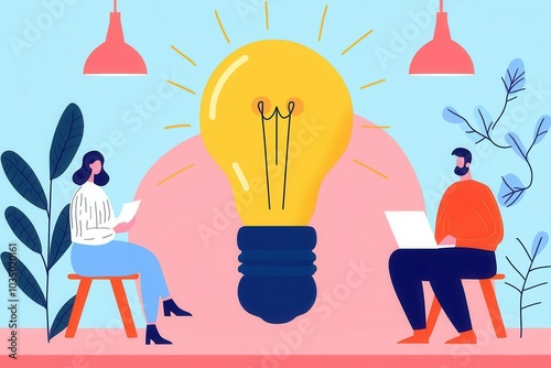 Two people brainstorming under a large light bulb, colorful and modern workspace.