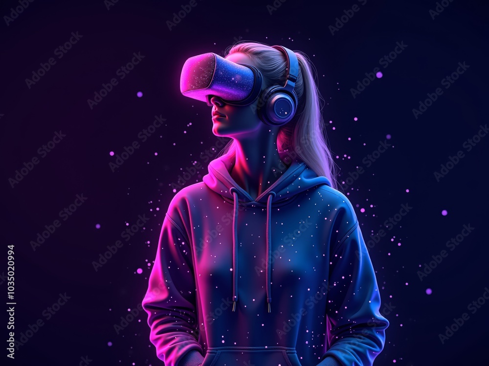 Futuristic neon hologram figure wearing hoodie in virtual reality room with VR glasses, surrounded by glowing stars. Futuristic neon hologram figure wearing hoodie in virtual reality room with VR glasses, surrounded by glowing stars.
