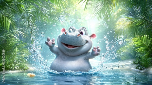 Smiling hippo with pink cheeks enjoying the water, under the bright light of nature, surrounded by greenery. photo