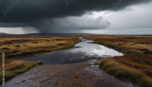 A misty moorland during a relentless rainstorm, with puddles forming and dark clouds casting a shadow over the landscape, evoking a sense of melancholy, Generative AI