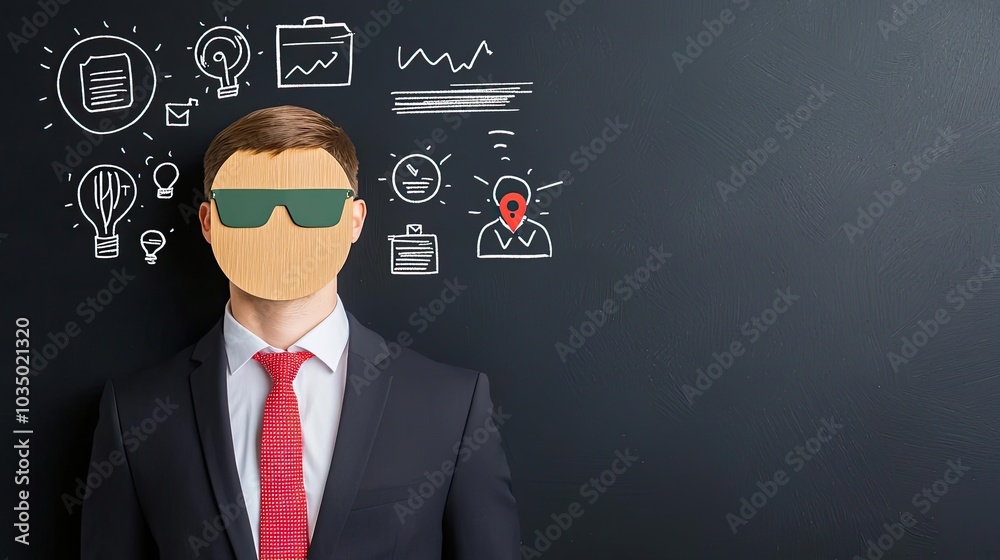Confident businessman in suit with sunglasses standing in front of a blackboard filled with business icons and graphics. Confident businessman in suit with sunglasses standing in front of a blackboard filled with business icons and graphics.
