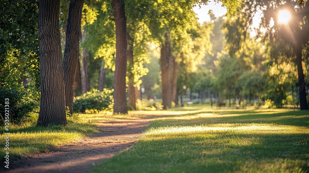 Naklejka premium Serene Park Pathway in Golden Sunset Light