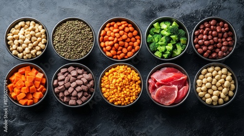 Vibrant display of various pet food types in stylish bowls, featuring grains, meats, and vegetables, arranged in a balanced, aesthetically pleasing manner