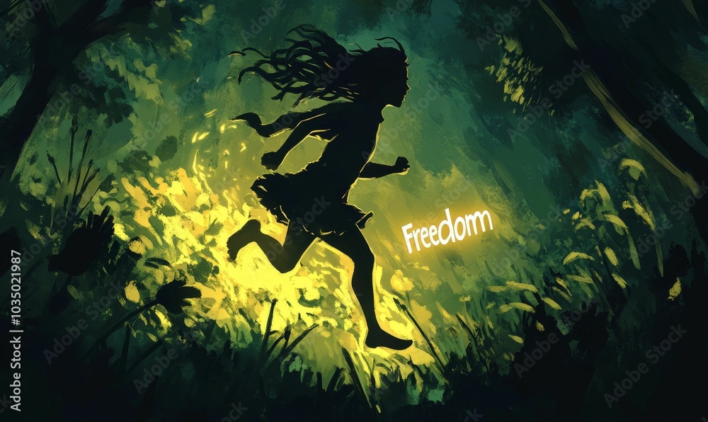 Silhouette of a girl running in a forest. Silhouette of a girl running in a forest.