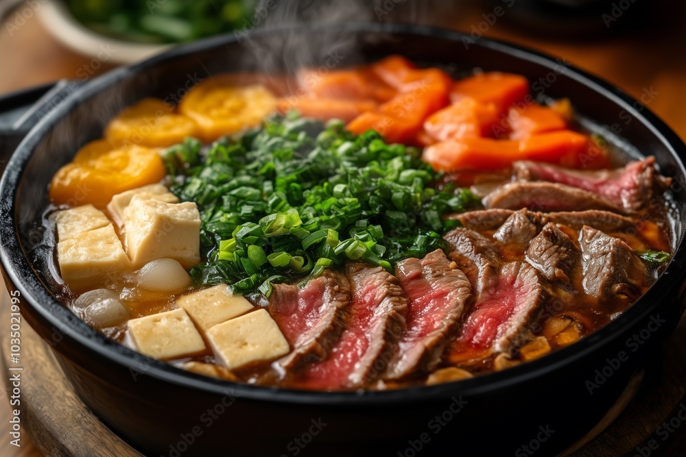Black Cast-Iron Pot Filled with Sukiyaki Wagyu Beef Meat Tofu Mushroom Vegetable Rich Soup Stock Hot Pot Perfect for Japanese Cuisine Menus, Recipe Blogs, and Food Content Black Cast-Iron Pot Filled with Sukiyaki Wagyu Beef Meat Tofu Mushroom Vegetable Rich Soup Stock Hot Pot Perfect for Japanese Cuisine Menus, Recipe Blogs, and Food Content