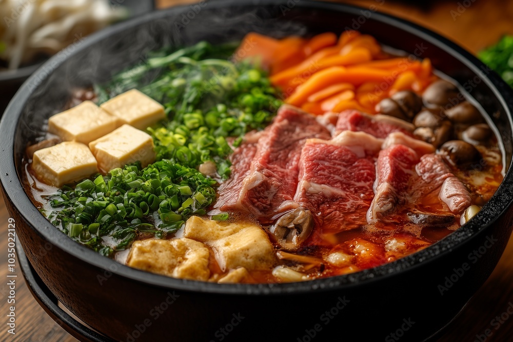 Black Cast-Iron Pot Filled with Sukiyaki Wagyu Beef Meat Tofu Mushroom Vegetable Rich Soup Stock Hot Pot Perfect for Japanese Cuisine Menus, Recipe Blogs, and Food Content Black Cast-Iron Pot Filled with Sukiyaki Wagyu Beef Meat Tofu Mushroom Vegetable Rich Soup Stock Hot Pot Perfect for Japanese Cuisine Menus, Recipe Blogs, and Food Content