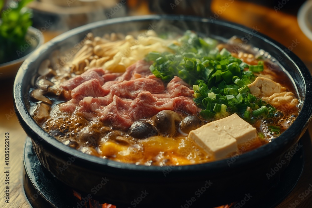 Black Cast-Iron Pot Filled with Sukiyaki Wagyu Beef Meat Tofu Mushroom Vegetable Rich Soup Stock Hot Pot Perfect for Japanese Cuisine Menus, Recipe Blogs, and Food Content Black Cast-Iron Pot Filled with Sukiyaki Wagyu Beef Meat Tofu Mushroom Vegetable Rich Soup Stock Hot Pot Perfect for Japanese Cuisine Menus, Recipe Blogs, and Food Content