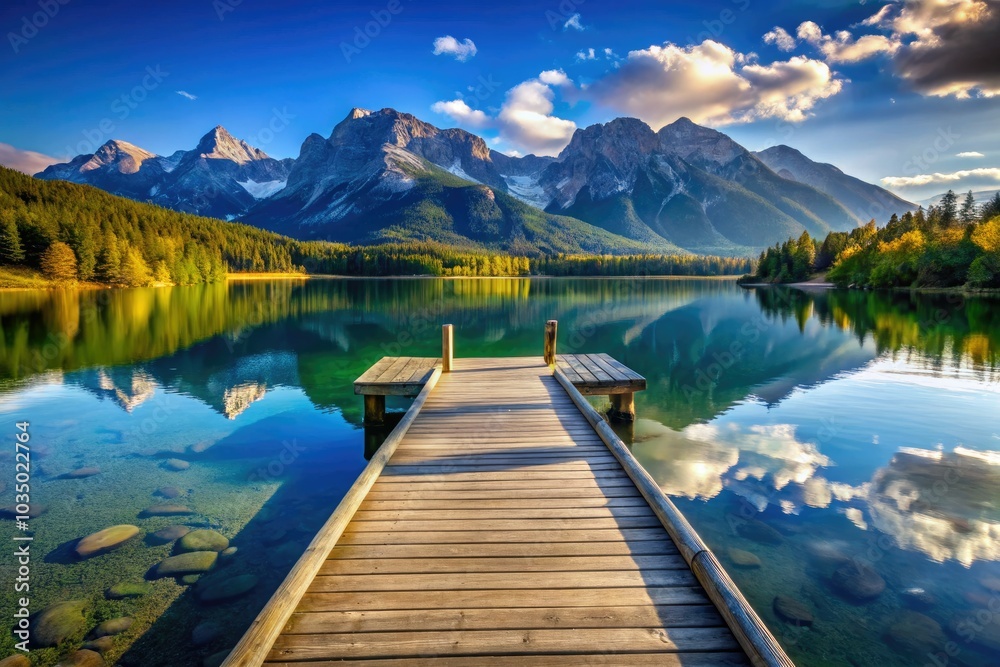 The calm waters of a lake stretch out from a wooden pier, encircled by stunning mountain ranges beneath a bright, clear blue sky. The calm waters of a lake stretch out from a wooden pier, encircled by stunning mountain ranges beneath a bright, clear blue sky.