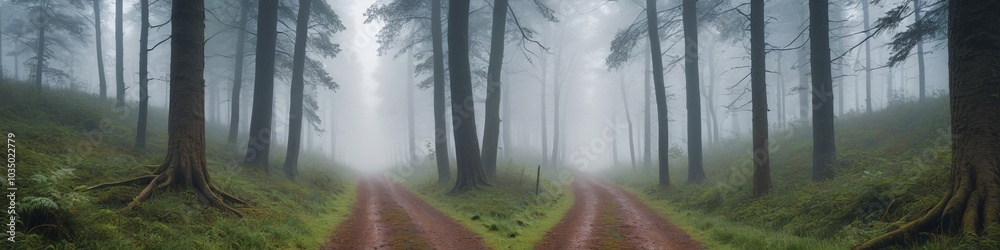 Obraz premium A forest path engulfed in mist, with trees fading into the distance and a sense of mystery hanging in the air, emphasizing the unpredictable nature of weather, Generative AI
