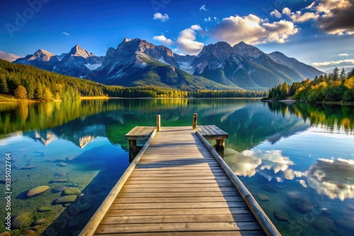 The calm waters of a lake stretch out from a wooden pier, encircled by stunning mountain ranges beneath a bright, clear blue sky.