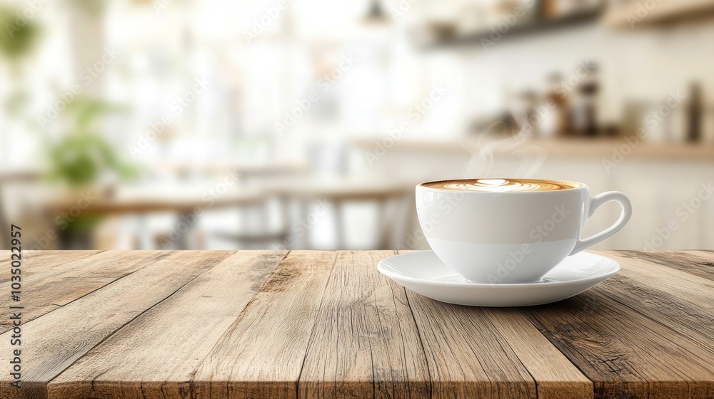 A steaming cup of cappuccino on a wooden table in a cafe A steaming cup of cappuccino on a wooden table in a cafe