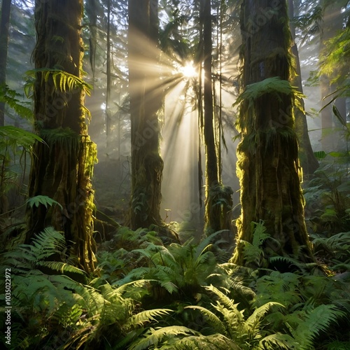 Enchanting Rainforest: Sunbeams Illuminate Ancient Trees and Mystical Forest Floor