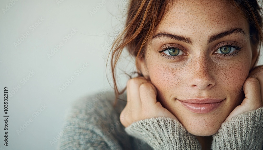 A close-up image of a woman with freckles, warm eyes, and a relaxed expression, resting her chin on her hands, dressed in a cozy sweater. A close-up image of a woman with freckles, warm eyes, and a relaxed expression, resting her chin on her hands, dressed in a cozy sweater.