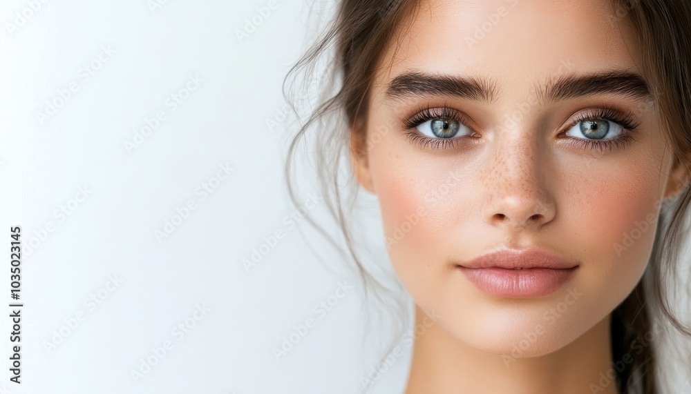 A close-up portrait of a woman with captivating blue eyes and a natural look, showcasing her clear skin and subtle makeup against a light background. A close-up portrait of a woman with captivating blue eyes and a natural look, showcasing her clear skin and subtle makeup against a light background.