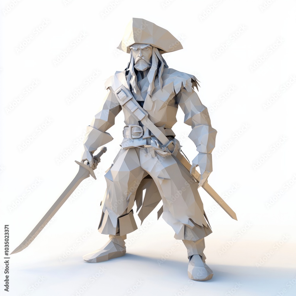 Fototapeta premium 3D Render, Low Poly style of a ghostly pirate with a tattered coat and a sword, on isolated white background
