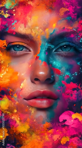 Vibrant Abstract Portrait of a Woman with Colorful Paint Splashes