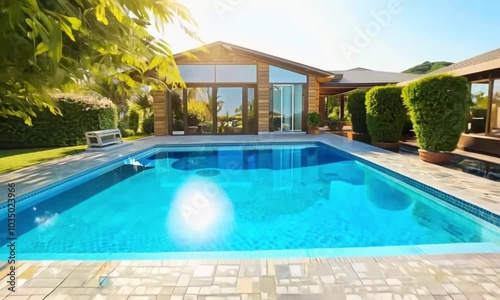 Modern Luxury Home with Expansive Glass Windows, Wooden Accents, Large Lawn, and Private Swimming Pool in a Lush Green Setting
