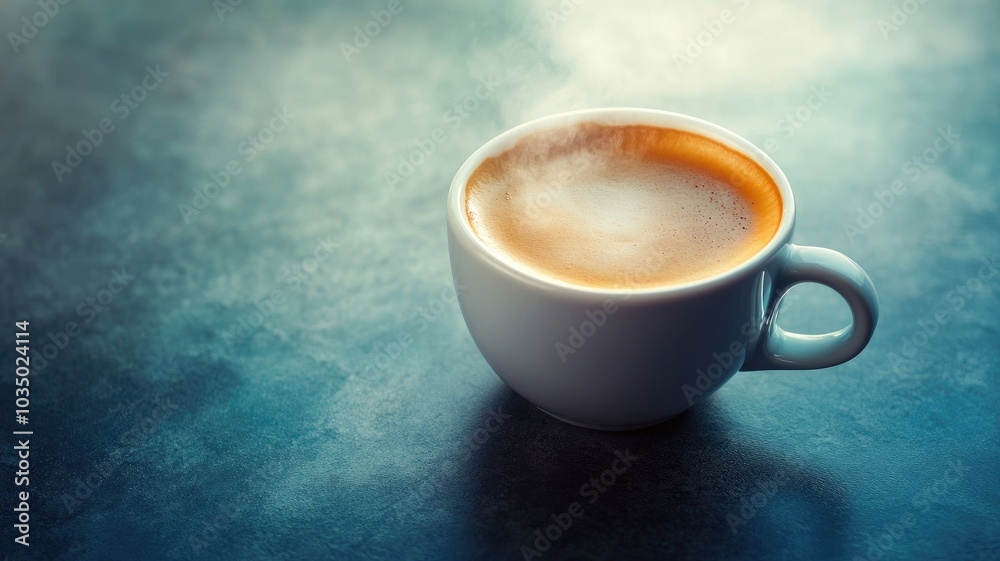 Steaming hot coffee in white cup on dark surface Steaming hot coffee in white cup on dark surface