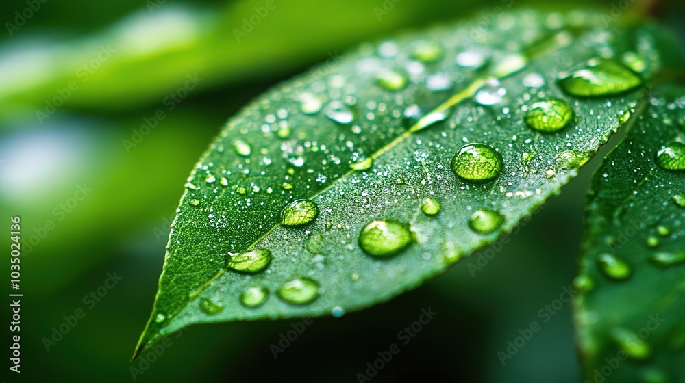 Dew Drops on Fresh Green Leaves Close-Up Dew Drops on Fresh Green Leaves Close-Up
