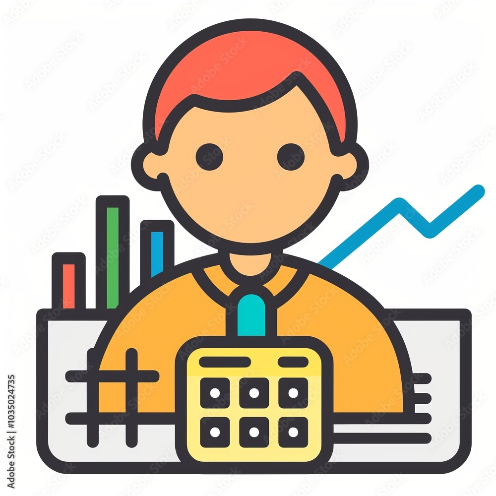 Icon depicting a person with a calculator and financial chart, representing roles in accounting and finance. Icon depicting a person with a calculator and financial chart, representing roles in accounting and finance.