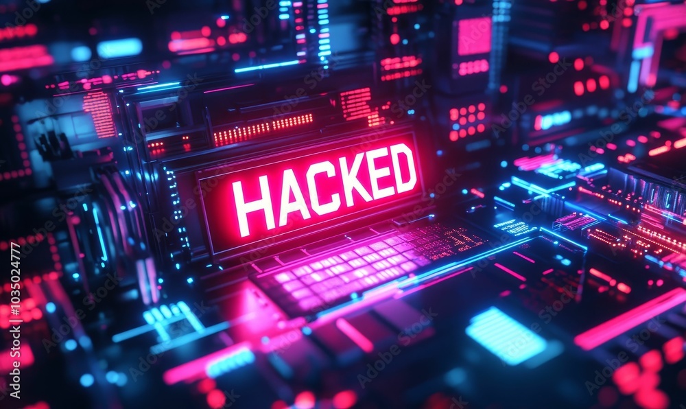 Hacked sign on neon-lit circuit board. Hacked sign on neon-lit circuit board.