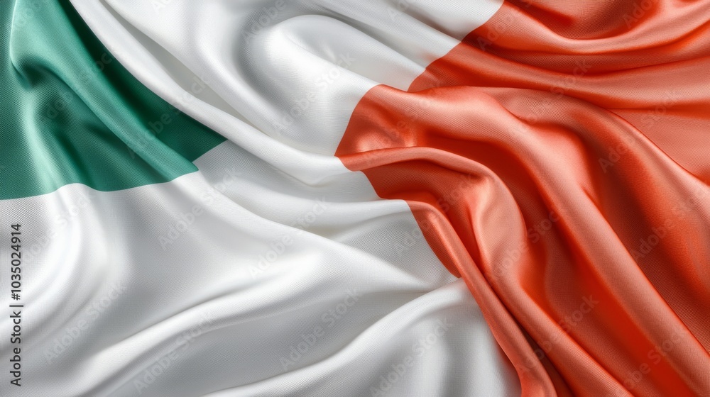The image displays a close-up of the Irish flag, showcasing its green, white, and orange colors in a silky texture. The image displays a close-up of the Irish flag, showcasing its green, white, and orange colors in a silky texture.