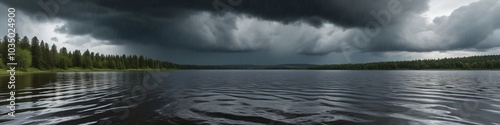 A serene lakeside view turned chaotic by a sudden downpour, with raindrops creating ripples on the surface and dark clouds gathering overhead, Generative AI