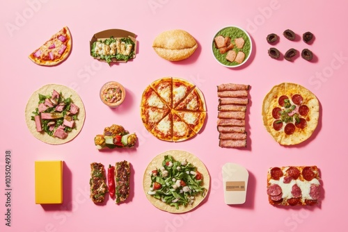 Tacos, pizza, and other street food sit in geometric order on a vibrant pink backdrop, showcasing a variety of flavors and textures. Generative AI