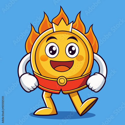 Cheerful cartoon coin character with flames, wearing a red cape, perfect for finance, gaming, or playful designs.